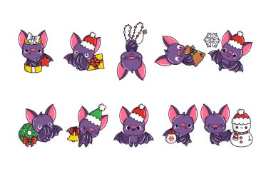 Kawaii Noel Yarasa Vektörü seti. Çıkartmalar için Şirin Vektör Xmas Resimleri Koleksiyonu. 