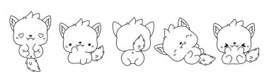 Kawaii izole edilmiş Wolf Coloring Page seti. Çıkartmalar, Bebek Duşu, Renk Kitabı, Giysiler için Parmak izleri için Sevimli Vektör Çizgi Filmi Özeti. 