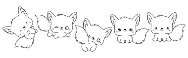 Vektör Çizgi Filmi Fox Renklendirme Sayfası. Kawaii Koleksiyonu Etiketler, Bebek Duşu, Renk Kitabı, Giysiler için Parmak izleri. 