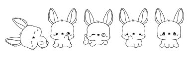 Vektör Karikatür Tavşan Boyama Sayfası. Kawaii 'nin Koleksiyonu Yapışkanlar, Bebek Duşu, Renk Kitabı, Giysiler için İzole Tavşan Taslağı. 