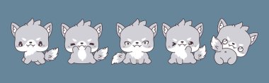 Vektör Çizgi Filmi Kurt Çizimleri. Kawaii 'nin İzole Edilmiş Hayvan Sanatları Koleksiyonu Etiketler, Giysiler için Parmak izleri, Bebek Duşu, Renkli Sayfalar. 