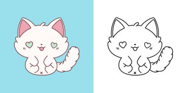 Kawaii Ragdoll Kitty Clipart Çok Renkli ve Siyah-Beyaz. Şirin Kawaii Kedisi. Giysiler, Çıkartmalar, Bebek Duşu için Kawaii Bebek Evcil Hayvanı Tasviri. 
