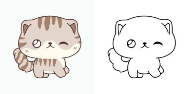 Kawaii İskoç Kedisi Çok Renkli ve Siyah-Beyaz. Güzel, soyutlanmış yavru kedi. Giysiler, Çıkartmalar, Bebek Duşu Kawaii Bebek Hayvanı 'nın Şirin Vektör İllüstrasyonu. 