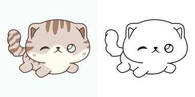 Kawaii Tavşan İllüstrasyonu ve Renklendirme Sayfası. Komik Kawaii Bebek Kedi. Etiketler, Bebek Duşu, Renkli Sayfalar İçin Kawaii Bebek Evcil Hayvanı Mutlu Vektör Resimleri. 