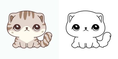 Clipart Scottish Folold Kitty Çok Renkli ve Siyah-Beyaz. Sevimli Clip Art Bebek Kedisi. Etiketler, Bebek Duşu, Renkli Sayfalar için Kawaii Bebek Evcil Hayvanı Sevimli Vektör İllüstrasyonu. 