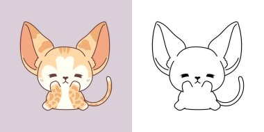 Renk Sayfası ve İllüstrasyon için Kawaii Habeş Kedisi. Sevimli Clip Art Baby Kitten. Etiketler için Şirin Vektör İllüstrasyonu, Giysiler için Parmak izleri, Bebek Duşu. 