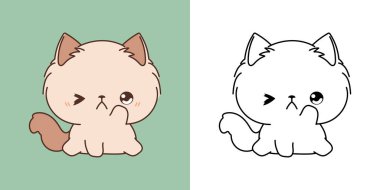 Clipart, Ragamuffin Cat 'i çok renkli ve siyah-beyaz olarak tecrit etti. Tatlı Çizgi Film Bebek Kedisi. Giysiler, Çıkartmalar, Bebek Duşu için Bir Kawaii Evcil Hayvanı 'nın Şirin Vektör İllüstrasyonu. 