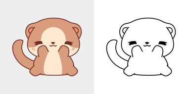 Clipart, Ferret 'i çok renkli ve siyah beyaz olarak izole etti. Sevimli çizgi film bebek hayvanı. Giysiler, Çıkartmalar, Bebek Duşu için Bir Kawaii Evcil Hayvanı 'nın Şirin Vektör İllüstrasyonu. 