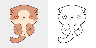 Clipart Gelincik Renklendirme Sayfasını ve Renkli Resimleri Ayarla. Kawaii, Yavru Evcil Hayvan 'ı tecrit etti. Etiketler için Şirin Vektör İllüstrasyonu, Giysiler için Parmak izleri, Bebek Duşu. 