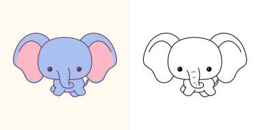 Şirin, izole edilmiş bebek fil illüstrasyonu ve boyama sayfası. Karikatür Sanatı Bebek Hayvanı. Etiketler için Karikatür Vektör İllüstrasyonu, Giysiler için Parmak İzleri, Bebek Duşu. 