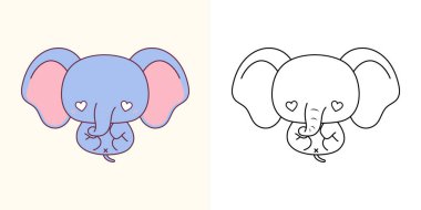 Şirin, izole edilmiş fil illüstrasyonu ve boyama sayfası. Karikatür Sanatı Bebek Hayvanı. Etiketler, Bebek Duşu, Renkli Sayfalar için Kawaii Afrika Hayvanı İzole Edilişi. 