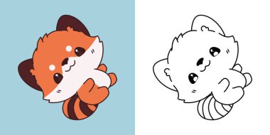 Vektör Bebek Kırmızı Panda Çok Renkli ve Siyah-Beyaz. Güzel Klip Sanatı Bebek Hayvan. Etiketler için Karikatür Vektör İllüstrasyonu, Giysiler için Parmak izleri, Bebek Duşu. 