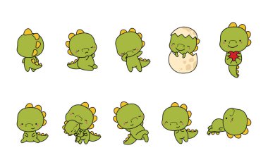 Dino 'yu izole eden çizgi film seti. Komik Çizgi Film Tarzı 'nda Şirin Kawaii Dinazorları. Çıkartmalar, Bebek Duşu, Renkli Sayfalar, Giysiler için Parmak izleri için Şirin Vektör Jurasik Hayvan Resimleri Koleksiyonu 