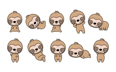 Sloth 'u izole eden çizgi film seti. Komik Çizgi Film Tarzı 'nda Sevimli Kawaii Tembelliği. Çıkartmalar, Bebek Duşu, Renkli Sayfalar, Giysiler için Parmak izleri için Sevimli Vektör Hayvan Resimleri Koleksiyonu. 