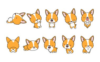 Çizgi film seti izole edilmiş Galli Corgi. Komik Çizgi Film Tarzı ile Şirin Kawaii Corgi seti. Çıkartmalar, Bebek Duşu, Renkli Sayfalar, Giysiler için Parmak izleri için Tatlı Vektör Bebek Resimleri Koleksiyonu. 