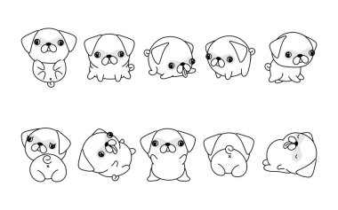 Bir çizgi film seti izole edilmiş pug dog boyama sayfası. Şirin Vektör Kawaii Pug Taslağı. Çıkartmalar, Bebek Duşu, Renk Kitabı, Giysiler için Parmak izleri için Sevimli Vektör Bebek Köpek Taslak Koleksiyonu. 