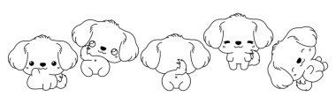 Vektör Karikatür Hayvan Boyama Sayfası. Kawaii 'nin Koleksiyonu Yapışkanlar, Bebek Duşu, Renk Kitabı, Giysiler için İzole edilmiş Altın Köpek Taslağı. 