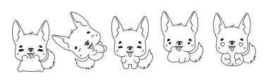Kawaii, Alman Çoban Köpeği Renk Sayfası 'nı izole etti. Çıkartmalar, Bebek Duşu, Renk Kitabı, Giysiler için Parmak izleri için Sevimli Vektör Çizgi Filmi Özeti. 