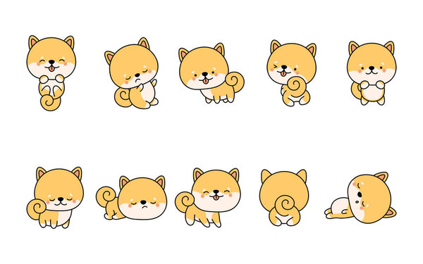 Set of Cartoon Isolated Shiba Inu Dog. Set of Cute Kawaii Puppy in Funny Cartoon Style. Collection of Cute Vector Baby Shiba Inu Illustrations for Stickers, Baby Shower, Coloring Pages 