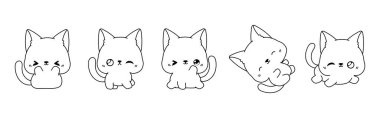 Vektör Karikatür Kedi Boyama Sayfası. Kawaii Koleksiyonu Etiketler, Bebek Duşu, Renk Kitabı, Giysiler için İzole Siyam Kedisi Taslağı. 
