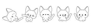 Vektör Karikatür Bebek Kedi Boyama Sayfası. Kawaii Koleksiyonu Yapışkanlar, Bebek Duşu, Renk Kitabı, Giysiler için İzole Bengal Kitty Taslağı. 
