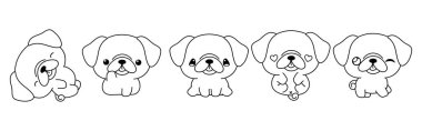 Vektör Çizgi Filmi Pug Köpek Rengi Sayfası Koleksiyonu. Etiketler, Bebek Duşu, Renk Kitabı, Giysiler için İzole Edilmiş Köpek Taslağı. 