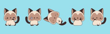 Vektör Çizgi Film Hayvanı Resimleri. Kawaii Koleksiyonu Etiketler için Siyam Kedisi Sanatı, Giysiler için Parmak izleri, Bebek Duşu, Renkli Sayfalar. 