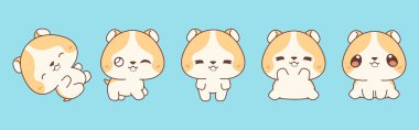 Bir set Kawaii izole Hamster. Yapıştırmalar, Bebek Duşu, Renkli Sayfalar, Giysiler için Parmak izleri için Vector Bebek Resimleri Koleksiyonu. 
