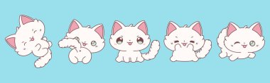 Bir grup Kawaii, Ragdoll Cat 'i izole etti. Yapıştırmalar, Bebek Duşu, Renkli Sayfalar, Giysiler için Parmak izleri için Vector Bebek Resimleri Koleksiyonu. 