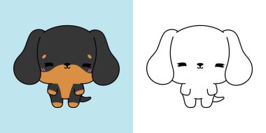 Vektör Dachshund Köpek 'i çok renkli ve siyah-beyaz ayarla. Kawaii Klip Sanat Yavrusu. Etiketler, Bebek Duşu, Renkli Sayfalar için Kawaii Bebek Evcil Hayvanı Sevimli Vektör İllüstrasyonu. 