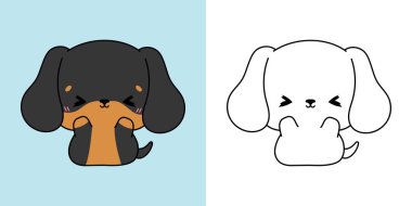 Clipart Dachshund Köpeği Çok Renkli ve Siyah-Beyaz. Şirin Clip Art Puppy. Etiketler, Bebek Duşu, Renkli Sayfalar İçin Kawaii Bebek Hayvanı İllüstrasyonu. 