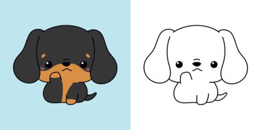 Şirin Dachshund Köpek İllüstrasyonu ve Renklendirme Sayfası. Çizgi film Clip Art Puppy. Etiketler, Bebek Duşu, Renkli Sayfalar İçin Bir Kawaii Bebek Hayvanı İzole Edilişi. 