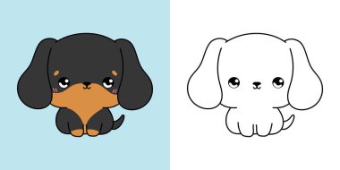 Şirin Dachshund Köpek İllüstrasyonu ve Renklendirme Sayfası. Çizgi film Clip Art Puppy. Kawaii Etiketler için Bebek Evcil Hayvanı Çizgi Filmi, Giysiler için Parmak izi, Bebek Duşu. 
