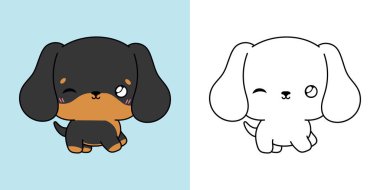 Şirin Dachshund Köpek Clipart İllüstrasyonu ve Siyah-Beyaz. Kawaii Klip Sanat Yavrusu. Yapışkanlar için şirin vektör illüstrasyonu, Çıkartmalar için bebek evcil hayvanı, Elbiseler için parmak izleri, bebek duşu. 