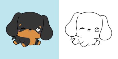 Kawaii Dachshund Köpek Yavrusu Çok Renkli ve Siyah-Beyaz. Güzel münzevi köpek. Giysiler, Çıkartmalar, Bebek Duşu için Bir Kawaii Hayvanının Komik Vektör İllüstrasyonu. 