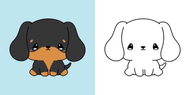 Kawaii Dachshund Köpek Yavrusu Clipart Çok Renkli ve Siyah-Beyaz. Tatlı Kawaii Bebek Köpeği. Giysiler, Çıkartmalar, Bebek Duşu için Bir Kawaii Hayvan Baskısı İzole Edilmiş Vektör İllüstrasyonu. 