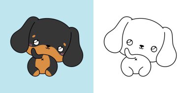 Renkli Sayfa ve Resim için Kawaii Dachshund Puppy. Sevimli Clip Art Dog. Etiketler için Şirin Vektör İllüstrasyonu, Giysiler için Parmak izleri, Bebek Duşu. 