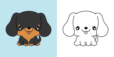 Vektör Dachshund Köpek Yavrusu Çok Renkli ve Siyah-Beyaz. Güzel Klip Sanatı Bebek Köpeği. Etiketler için Kawaii Evcil Hayvanı Çizgi Filmi, Giysiler için Parmak izi, Bebek Duşu. 