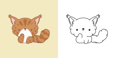 Tatlı, izole edilmiş Maine Rakun Kedi Çizimi ve Renklendirme Sayfası. Çizgi film Clip Art Kitten. Kawaii Etiketler için Bebek Evcil Hayvanı Çizgi Filmi, Giysiler için Parmak izi, Bebek Duşu. 