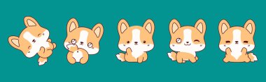 Kawaii seti Corgi Dog 'u izole etti. Etiketler, Bebek Duşu, Renkli Sayfalar, Giysiler için Parmak izleri. 