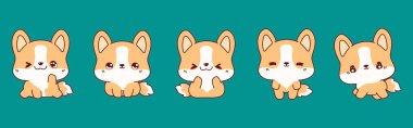 Vektör Çizgi Film Bebek Köpek Çizimleri. Kawaii Koleksiyonu Etiketler için Gal Corgi Köpek Sanatı, Giysiler için Parmak izleri, Bebek Duşu, Renkli Sayfalar. 