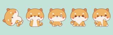 Vektör Çizgi Film Yavru Resimleri. Kawaii Koleksiyonu Yapıştırmalar için Shiba Inu Köpek Sanatı, Giysiler için Parmak izleri, Bebek Duşu, Renkli Sayfalar. 