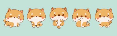 Vektör Karikatür Koleksiyonu Shiba Inu Köpek Sanatı. Giysiler, Çıkartmalar, Bebek Duşu, Renkli Sayfalar İçin İzole Bebek Köpek Resimleri. 