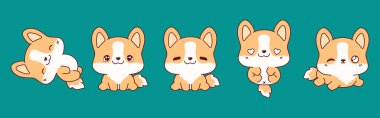 Vektör Karikatür Corgi Köpek Sanatı Koleksiyonu. Giysiler, Çıkartmalar, Bebek Duşu, Renkli Sayfalar İçin İzole Köpek Resimleri. 