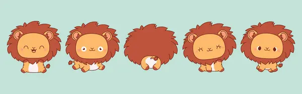 Set of Vector Cartoon Baby Animal Illustrations. Collection of Kawaii Isolated Baby Lion Art for Stickers, Prints for Clothes, Baby Shower, Coloring Pages.