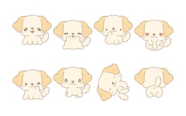 Bir set Kawaii tecrit edilmiş Labrador Köpeği. Etiketler, Bebek Duşu, Renkli Sayfalar, Giysiler için Parmak izleri için Vektör Karikatür Köpek Resimleri Koleksiyonu. 