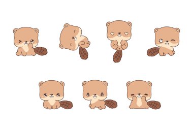 Vektör Karikatür Kunduz Sanat Koleksiyonu. Giysiler, Çıkartmalar, Bebek Duşu, Renkli Sayfalar İçin İzole Edilmiş Hayvan Resimleri. 