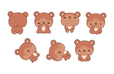 Vektör Karikatür Ayı Sanatı Koleksiyonu. Giysiler, Çıkartmalar, Bebek Duşu, Renkli Sayfalar İçin İzole Edilmiş Hayvan Resimleri. 