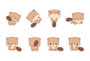 Kawaii tecrit edilmiş kunduz seti. Etiketler, Bebek Duşu, Renkli Sayfalar, Giysiler için Parmak izleri. 