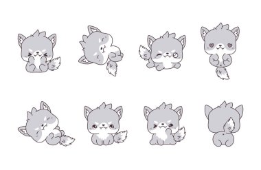 Kawaii izole edilmiş kurt seti. Etiketler, Bebek Duşu, Renkli Sayfalar, Giysiler için Parmak izleri. 